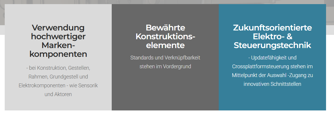 Grafik: Verwendung hochwertiger Markenkomponenten, bewährte Konstruktionselemente und zukunftsorientierte Elektro- und Steuerungstechnik